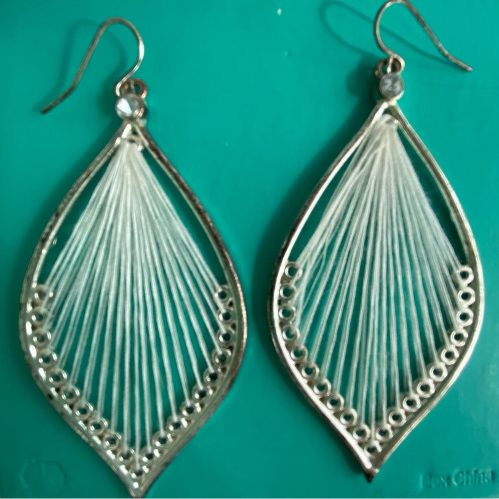 Vintage Silver Teardrop White String Earrings